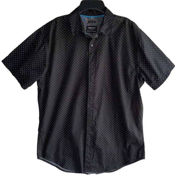Geometrix Mens Shirt Slim Fit Size L Short Sleeve Black White Polka Dots Cotton - Picture 1 of 6